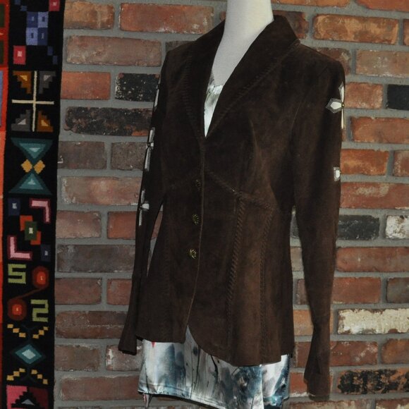 Vintage Brown & Tan Suede Leather Studded Cross Inlay Western Hippie Jacket M - Picture 3 of 10